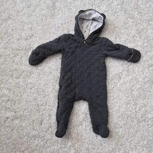 First Wish Grey Quilted Pram Suit 9-12M Animal Ear Hooded Bunting Side Zip